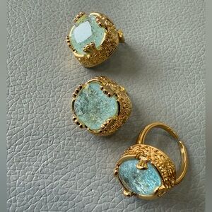 Ring & Earrings Set Blue Crystal Stone Gold Tone
